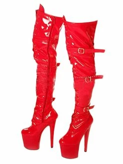 Pole Dance Shoes Red Sexy Boots Women Platform Buckle Detail Zip Up Over The Knee Boots High Heel Thigh High Boots Stripper Shoes