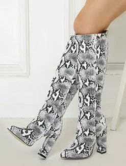 Knee High Boots Womens Snake Print Pointed Toe Chunky Heel Boots