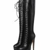 Platform Knee High Boots Womens Solid Color Lace Up Round Toe Stiletto Heel Boots