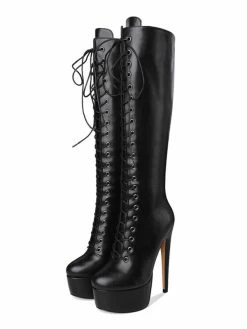 Platform Knee High Boots Womens Solid Color Lace Up Round Toe Stiletto Heel Boots