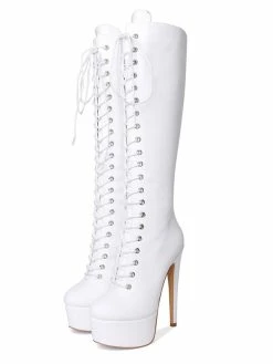 Platform Knee High Boots Womens Solid Color Lace Up Round Toe Stiletto Heel Boots -winter shoes Sales 2023 201907101733188056466