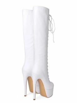 Platform Knee High Boots Womens Solid Color Lace Up Round Toe Stiletto Heel Boots -winter shoes Sales 2023 201907101733191176628