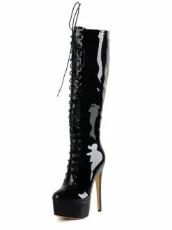 Platform Knee High Boots Womens Patent Solid Color Bright Leather Lace Up Round Toe Stiletto Heel Boots