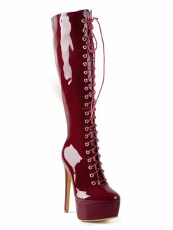 Platform Knee High Boots Womens Patent Solid Color Bright Leather Lace Up Round Toe Stiletto Heel Boots -winter shoes Sales 2023 201907101733199961117