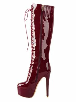 Platform Knee High Boots Womens Patent Solid Color Bright Leather Lace Up Round Toe Stiletto Heel Boots -winter shoes Sales 2023 201907101733203078075