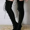 Women Sexy Boots Round Toe Lace Up Zipper Stiletto Heel Rave Club Black Thigh High Boots