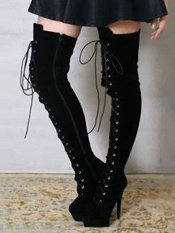 Women Sexy Boots Round Toe Lace Up Zipper Stiletto Heel Rave Club Black Thigh High Boots