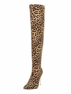 Thigh High Boots Womens Micro Suede Leopard Print Pointed Toe Stiletto Heel Over The Knee Boots