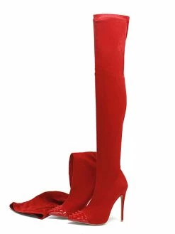 Thigh High Boots Womens Micro Suede Rivets Pointed Toe Stiletto Heel Over The Knee Boots