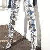 Silver Thigh High Boots Womens Patent Leather Pointed Toe Bright Leather Stiletto Heel Boots