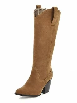 Knee High Boots Womens Micro Suede Almond Toe Chunky Heel Cowboy Boots