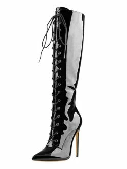 Knee High Boots Womens Black Patent Lace Up Pointed Toe Stiletto Heel Boots