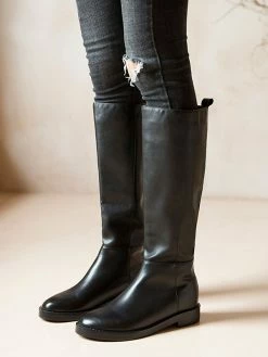 Knee High Boots Womens Black Cowhide Round Toe Flat Heel Daily Casual Boots