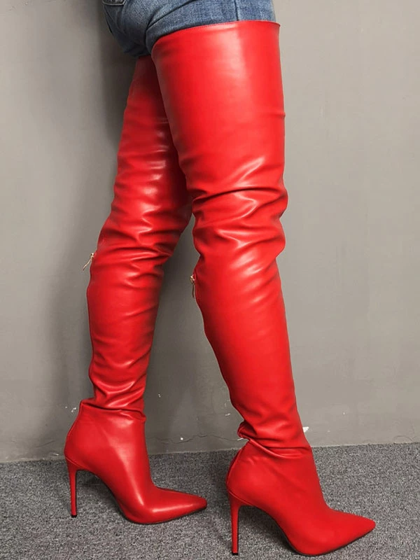 Thigh High Boots Womens Red Pointed Toe Stiletto Heel Over The Knee Boots 3 Thigh High Boots Womens Red Pointed Toe Stiletto Heel Over The Knee Boots - Image 3