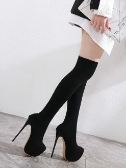 Women Sexy Platform Sock Boots Round Toe Stiletto Heel Knee High Boots -winter shoes Sales 2023 202001070934047226055
