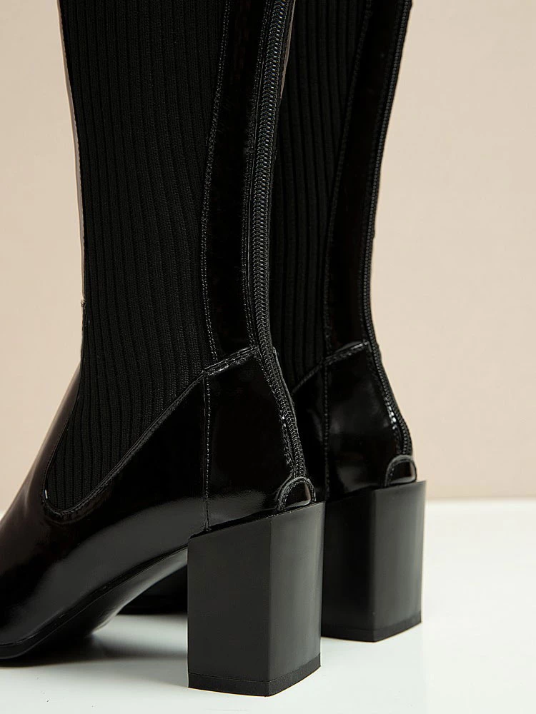 Knee-High Boots Cowhide Black Square Toe Chunky Heel Bright Leather Cowhide Women's Knee Boots 8 Knee-High Boots Cowhide Black Square Toe Chunky Heel Bright Leather Cowhide Women's Knee Boots - Image 8