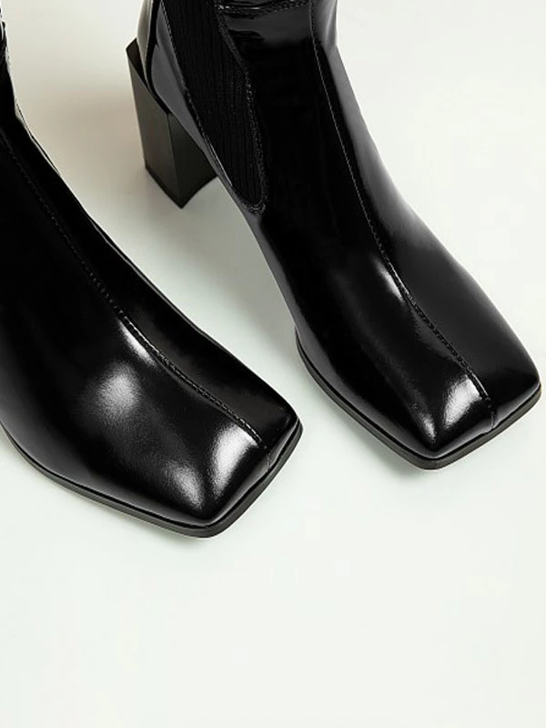 Knee-High Boots Cowhide Black Square Toe Chunky Heel Bright Leather Cowhide Women's Knee Boots 7 Knee-High Boots Cowhide Black Square Toe Chunky Heel Bright Leather Cowhide Women's Knee Boots - Image 7