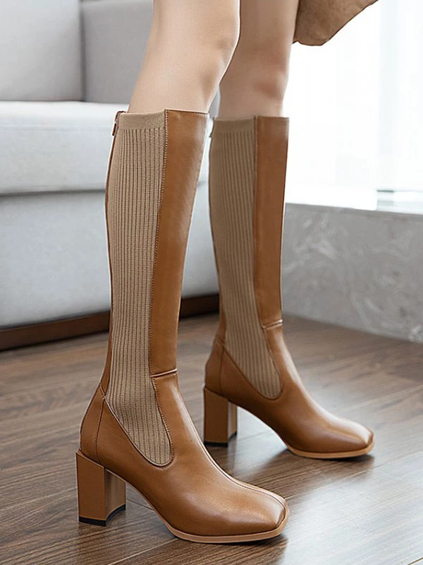 Knee-High Boots Cowhide Black Square Toe Chunky Heel Bright Leather Cowhide Women's Knee Boots 6 Knee-High Boots Cowhide Black Square Toe Chunky Heel Bright Leather Cowhide Women's Knee Boots - Image 6