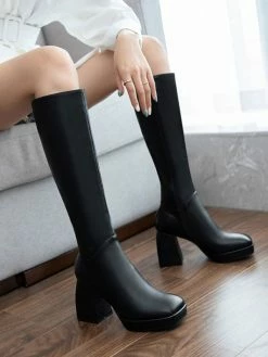 Knee-High Boots Cowhide Black Square Toe Chunky Heel Chunky Heel Women's Knee High Boots -winter shoes Sales 2023 202007161745425843526