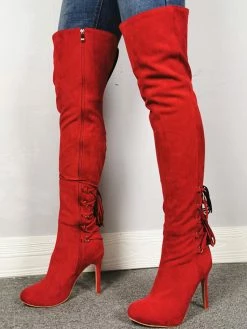 Over The Knee Boots Red Pointed Toe Zipper High Heel Thigh High Boots