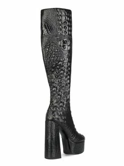 Knee-High Boots Black Round Toe Chunky Heel Snakeskin Leather Knee Length Boots -winter shoes Sales 2023 202008061152189421466