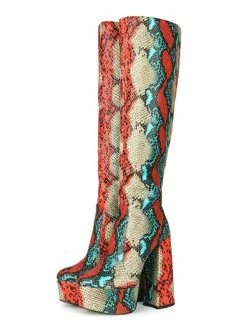 Knee-High Boots Red Round Toe Chunky Heel Snakeskin Leather Knee Length Boots