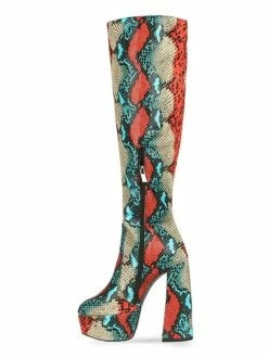 Knee-High Boots Red Round Toe Chunky Heel Snakeskin Leather Knee Length Boots -winter shoes Sales 2023 202008061152237534971