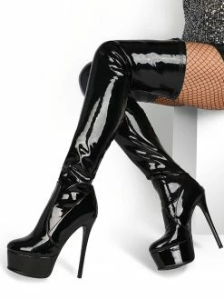 Over The Knee Boots Black Round Toe Bright Leather Platform Winter Boots Women High Heel Thigh High Boots