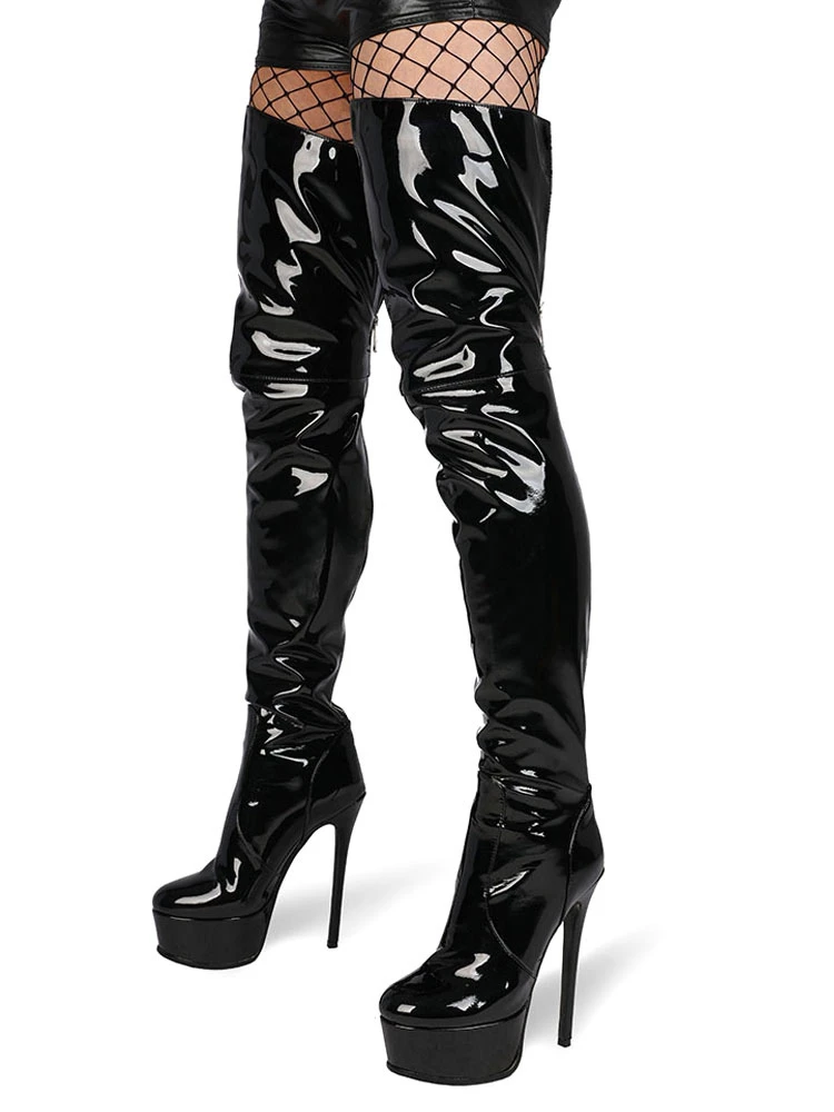 Over The Knee Boots Leather Platform Round Toe Bright Leather Zip Up High Heel Thigh High Boots 2 Over The Knee Boots Leather Platform Round Toe Bright Leather Zip Up High Heel Thigh High Boots - Image 2