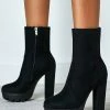 Women Ankle Boots Black Micro Suede Round Toe Chunky Heel High Heel Booties
