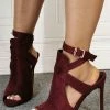 Burgundy Summer Boots Suede Peep Toe Cut Out Ankle Strap High Heel Sandal Booties