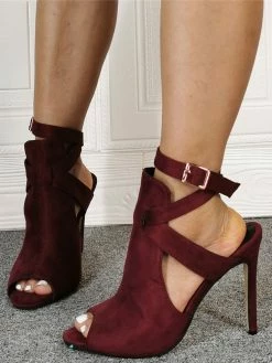 Burgundy Summer Boots Suede Peep Toe Cut Out Ankle Strap High Heel Sandal Booties