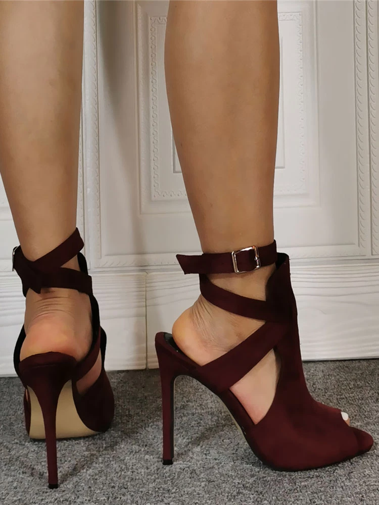 Burgundy Summer Boots Suede Peep Toe Cut Out Ankle Strap High Heel Sandal Booties 2 Burgundy Summer Boots Suede Peep Toe Cut Out Ankle Strap High Heel Sandal Booties - Image 2