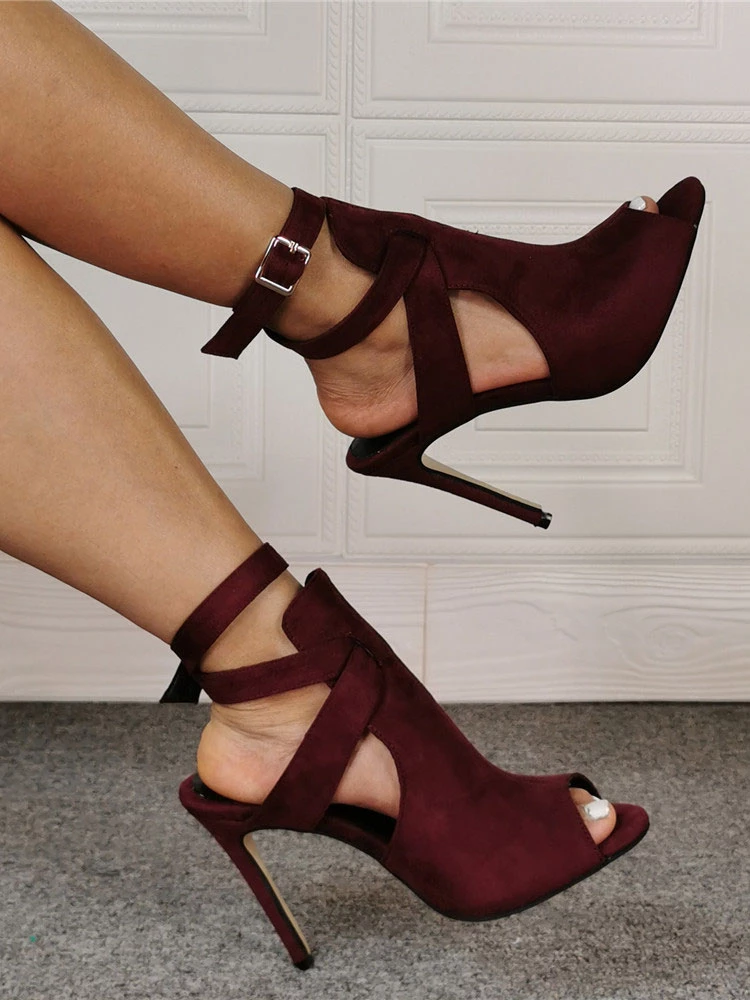 Burgundy Summer Boots Suede Peep Toe Cut Out Ankle Strap High Heel Sandal Booties 4 Burgundy Summer Boots Suede Peep Toe Cut Out Ankle Strap High Heel Sandal Booties - Image 4