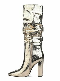 Women's Slouch Snakeskin Chunky Heel Bright Leather Knee High Boots In Blond -winter shoes Sales 2023 202008171714444849290