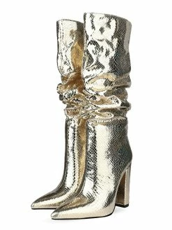 Women's Slouch Snakeskin Chunky Heel Bright Leather Knee High Boots In Blond