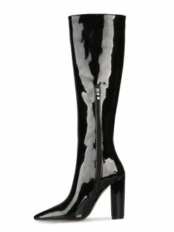 Knee-High Boots Leather Black Pointed Toe Bright Leather Chunky Heel Knee Length Boots For Women -winter shoes Sales 2023 202008241028583693058