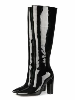 Knee-High Boots Leather Black Pointed Toe Bright Leather Chunky Heel Knee Length Boots For Women