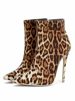 Women Ankle Boots Pointed Toe Leopard Print Stiletto Heel Micro Suede Upper High Heel Booties