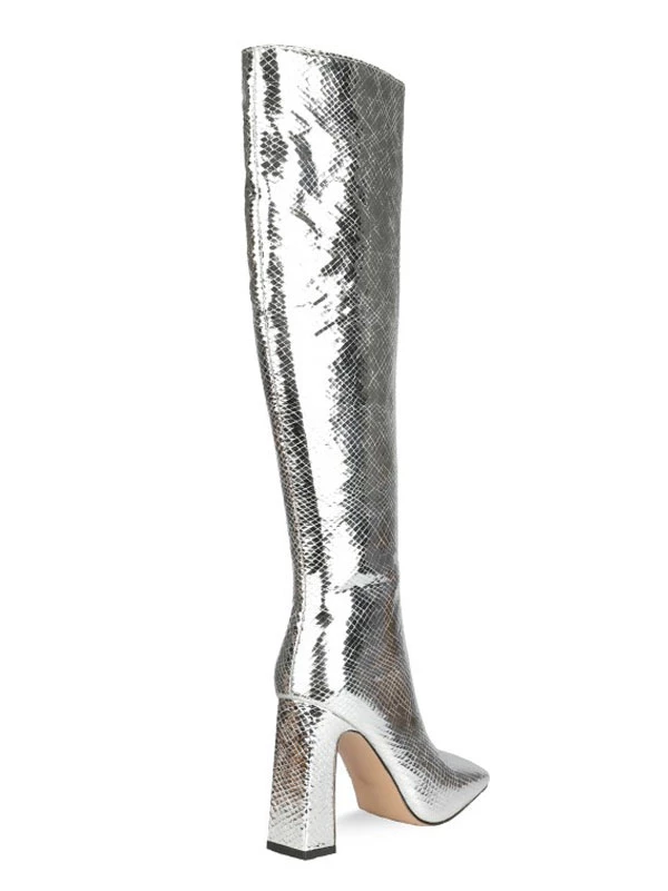 Knee-High Boots Silver Square Toe Snake Print Chunky Heel Bright Leather Women Knee Length High Heel Boots 3 Knee-High Boots Silver Square Toe Snake Print Chunky Heel Bright Leather Women Knee Length High Heel Boots - Image 3