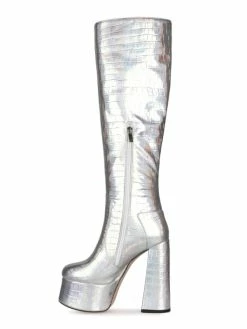 Knee-High Boots Leather Silver Round Toe Bright Leather Chunky Heel Dazzling Women Knee Length Boots -winter shoes Sales 2023 202008241029342664585