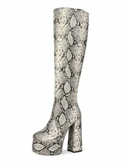 Knee-High Boots Python Round Toe Snake Print Chunky Heel Knee Length Boots For Women