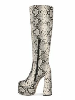 Knee-High Boots Python Round Toe Snake Print Chunky Heel Knee Length Boots For Women -winter shoes Sales 2023 202008241029352074203