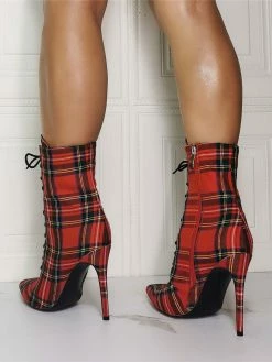 Women Ankle Boots Red Canvas Pointed Toe Stiletto Heel Sky High Houndstooth Booties -winter shoes Sales 2023 202009101201465026847