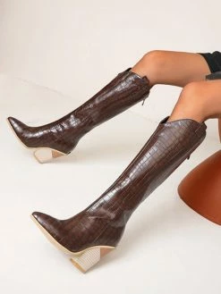 Women Knee-High Boots Leather White Pointed Toe Chunky Heel Knee Length Boots For Women -winter shoes Sales 2023 202009151440229556372