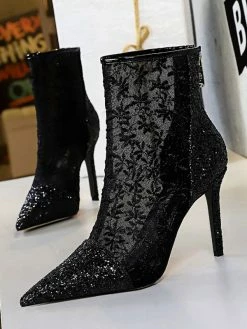 Women Ankle Boots Black Lace Pointed Toe Sequins Stiletto Heel High Heel Booties