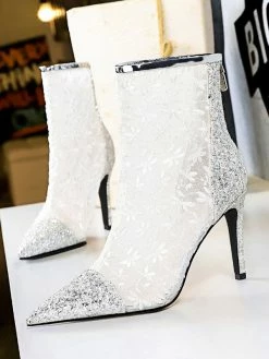 Women Ankle Boots Black Lace Pointed Toe Sequins Stiletto Heel High Heel Booties -winter shoes Sales 2023 202009151442580315950