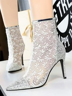 Women Ankle Boots Black Lace Pointed Toe Sequins Stiletto Heel High Heel Booties -winter shoes Sales 2023 202009151442587137489
