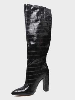 Women Knee High Boots Leather Black Round Toe Stone Patter Chunky Heel Boots -winter shoes Sales 2023 202010281554280815981