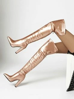 Women's Apricot Thigh High Boots Pointed Toe Chunky Heel Bright Leather Over The Knee Boots